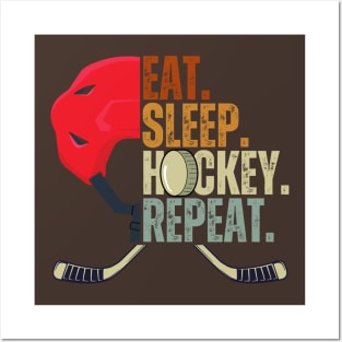 Eat Sleep Hockey Repeat Kids Adult Ice Hockey Retro Vintage Posters and Art